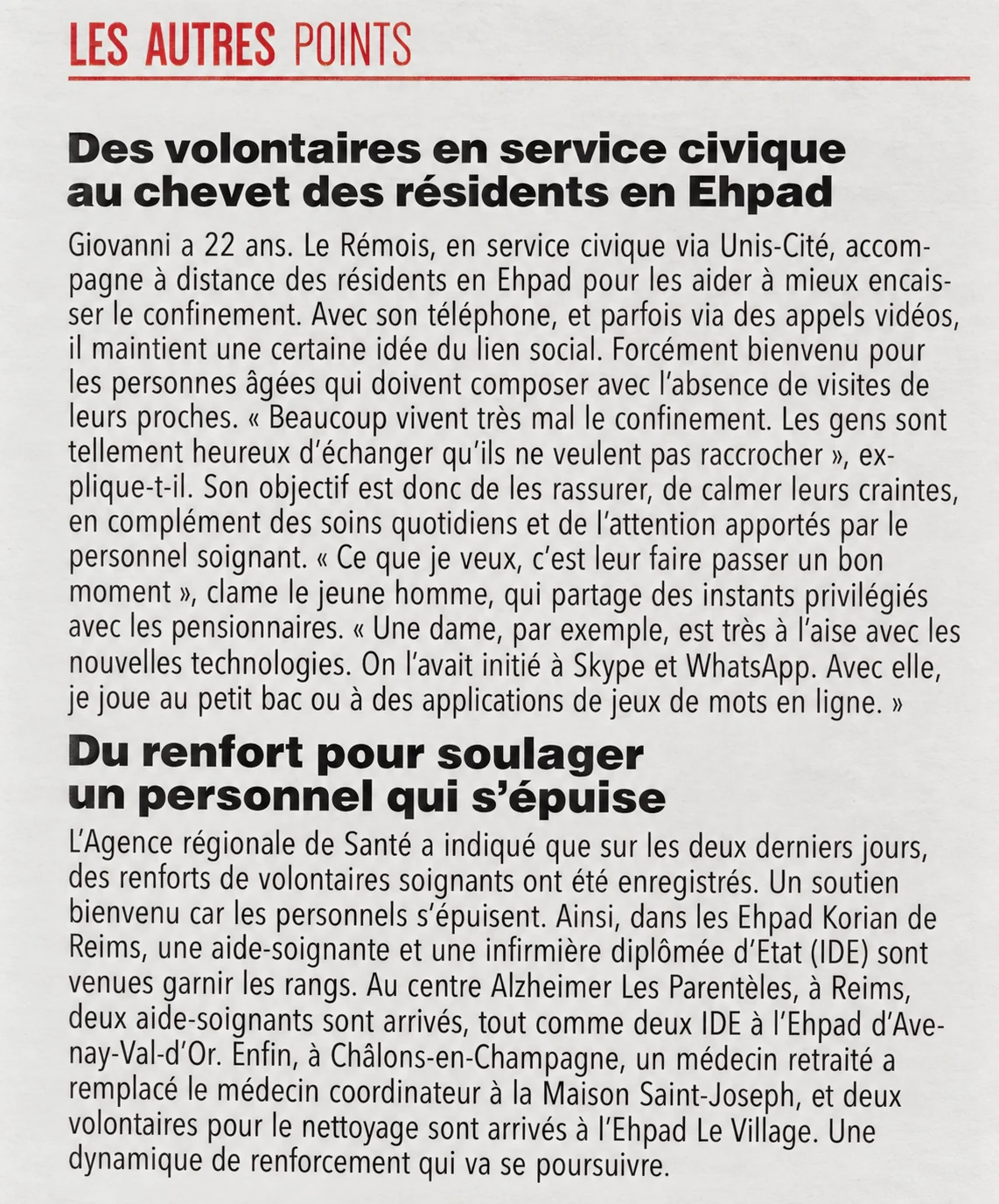 Extrait de presse consacré aux appels de Giovani avec des résidents en Ehpad pendant le confinement
