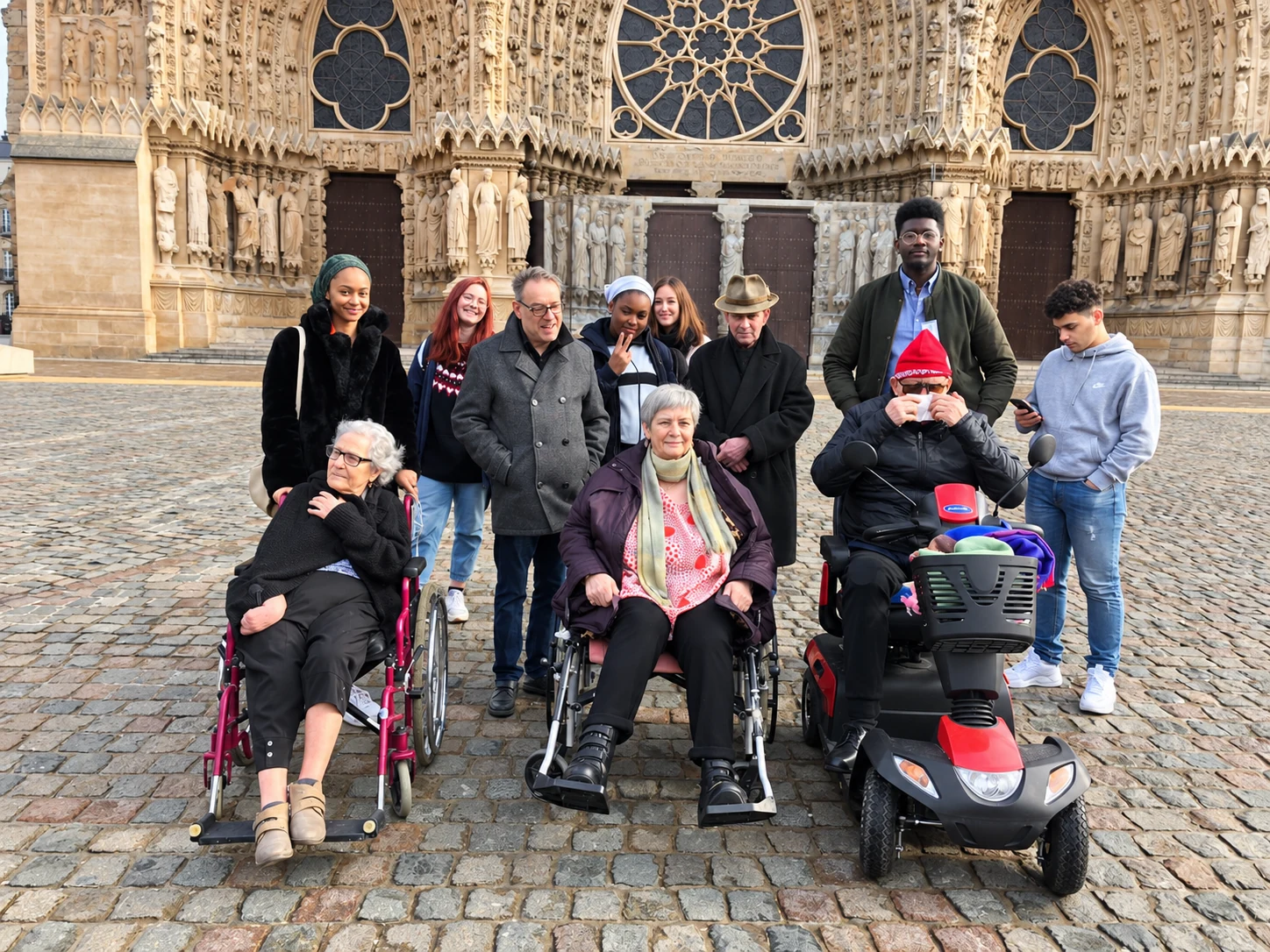 Giovani et un groupe de participants lors d’une sortie devant la cathédrale de Reims