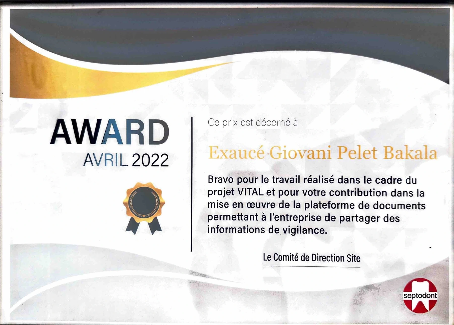 Award Avril 2022 reçu pour le projet VITAL